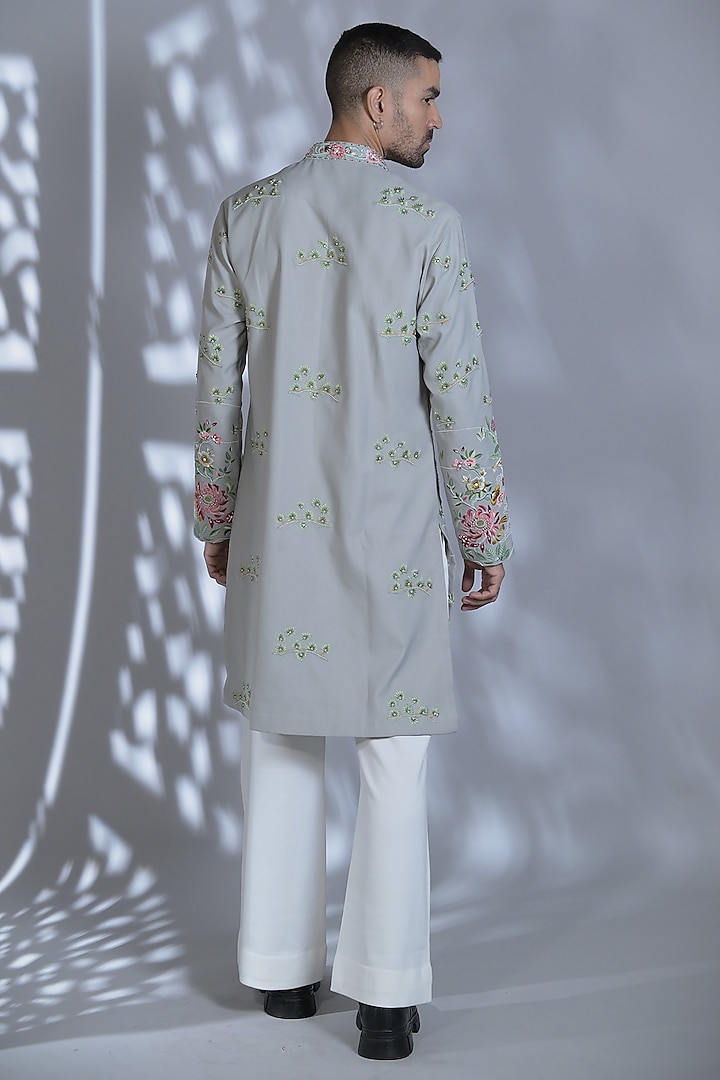 Ice Grey Japanese Suiting Resham & Thread Embroidered Kurta Set by Bharat Reshma at Pernia's Pop Up Shop