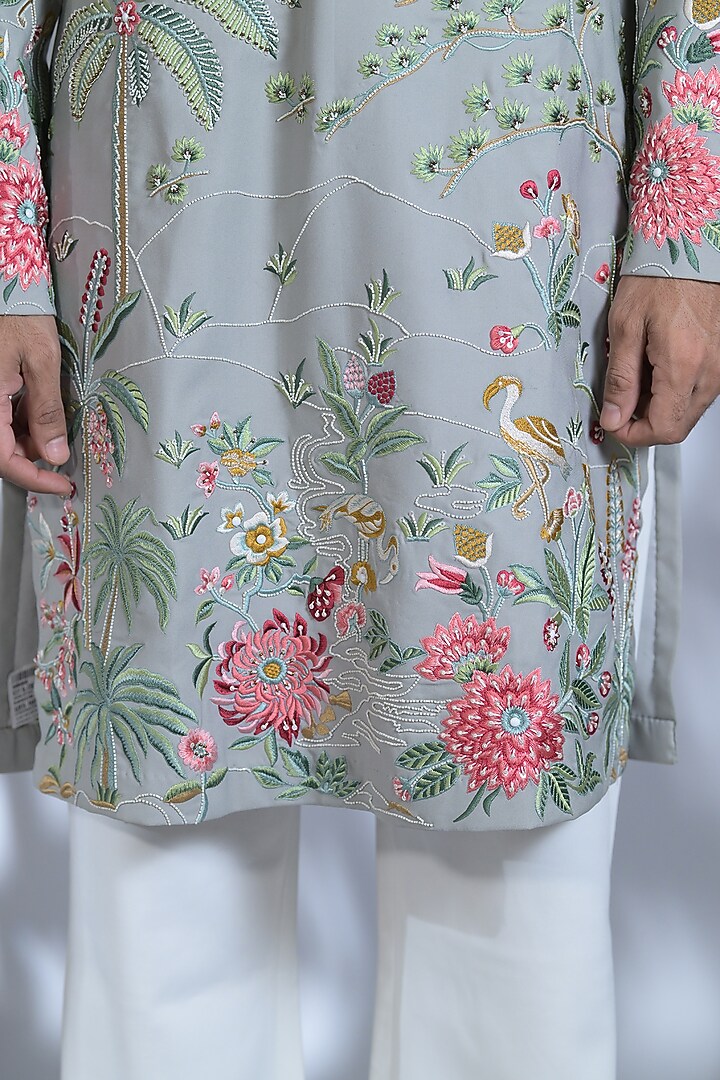 Ice Grey Japanese Suiting Resham & Thread Embroidered Kurta Set by Bharat Reshma at Pernia's Pop Up Shop