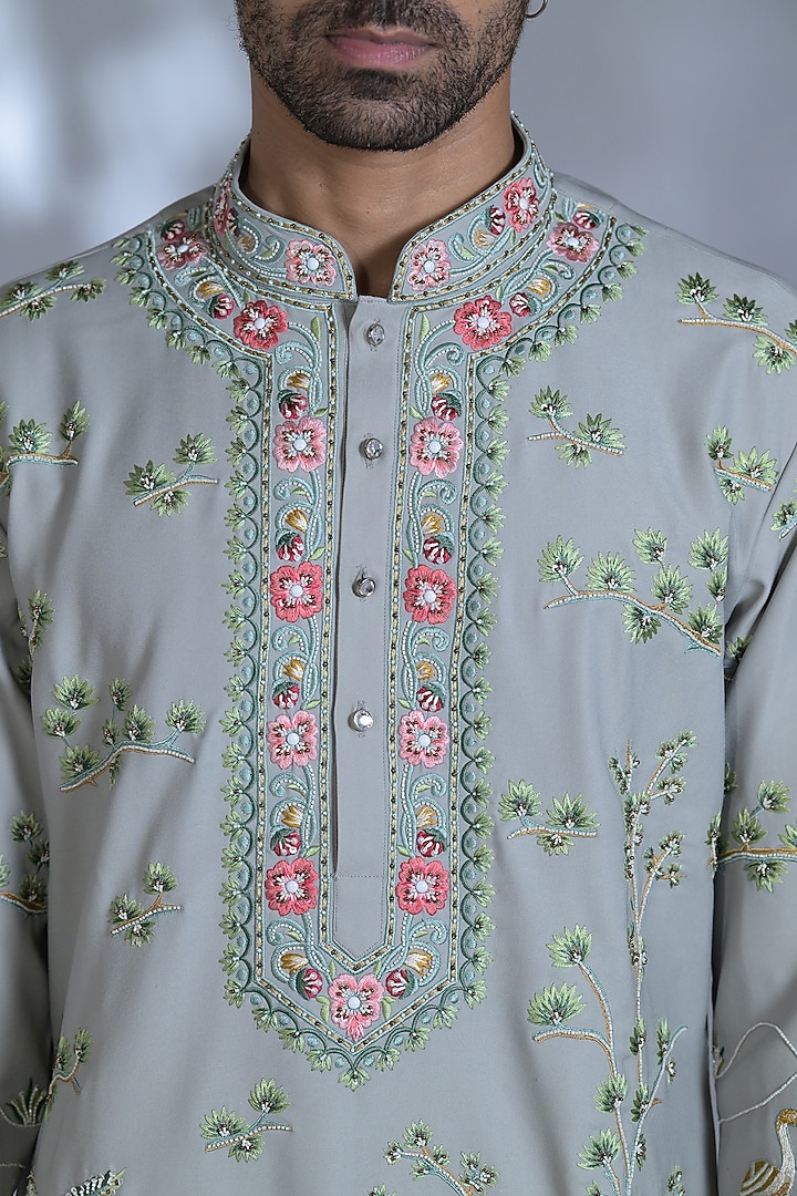 Ice Grey Japanese Suiting Resham & Thread Embroidered Kurta Set by Bharat Reshma at Pernia's Pop Up Shop