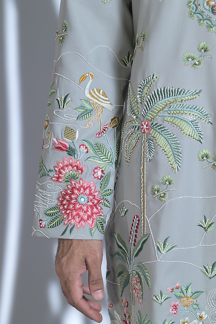Ice Grey Japanese Suiting Resham & Thread Embroidered Kurta Set by Bharat Reshma at Pernia's Pop Up Shop