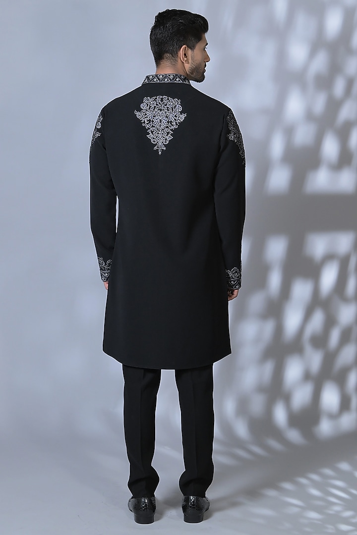 Charcoal Black Japanese Suiting Resham & Thread Embroidered Kurta Set by Bharat Reshma at Pernia's Pop Up Shop