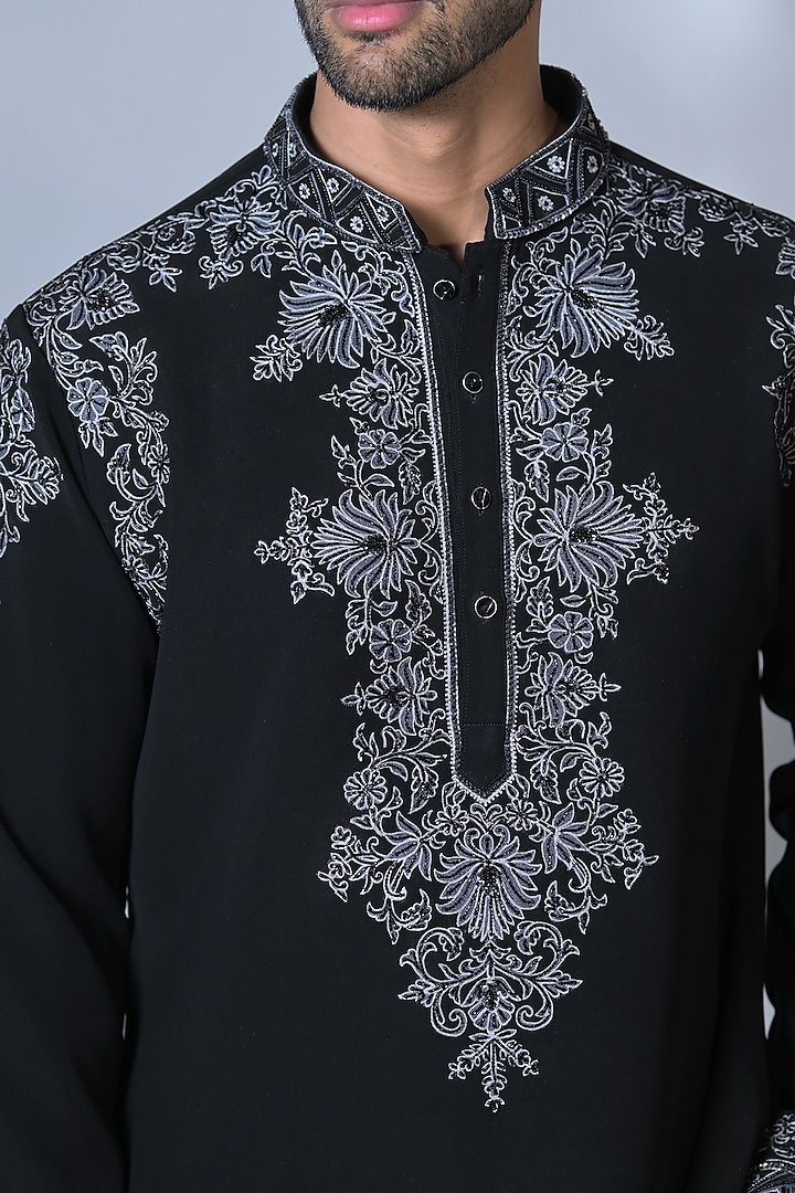 Charcoal Black Japanese Suiting Resham & Thread Embroidered Kurta Set by Bharat Reshma at Pernia's Pop Up Shop