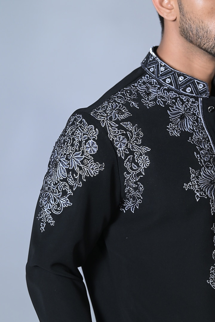 Charcoal Black Japanese Suiting Resham & Thread Embroidered Kurta Set by Bharat Reshma at Pernia's Pop Up Shop