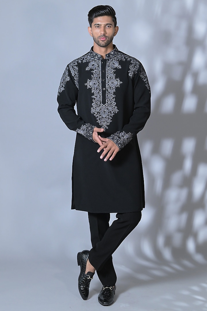 Charcoal Black Japanese Suiting Resham & Thread Embroidered Kurta Set by Bharat Reshma at Pernia's Pop Up Shop