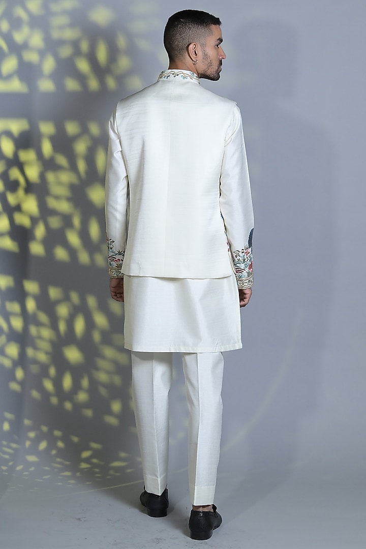 Ivory Dupion Silk Resham & Thread Embroided Waistcoat Set by Bharat Reshma at Pernia's Pop Up Shop