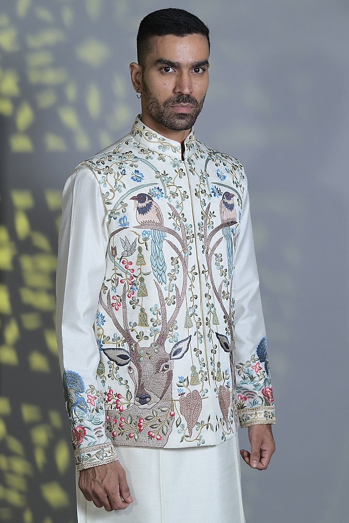 Ivory Dupion Silk Resham & Thread Embroided Waistcoat Set by Bharat Reshma at Pernia's Pop Up Shop