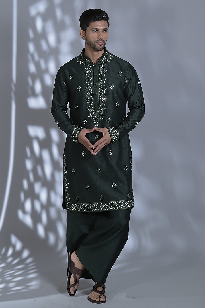 Dark Bottle Green Silk Mirror Embroidered Kurta Set by Bharat Reshma