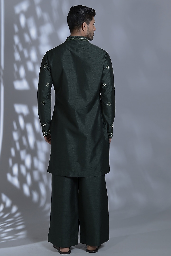 Dark Bottle Green Silk Mirror Embroidered Kurta Set by Bharat Reshma at Pernia's Pop Up Shop