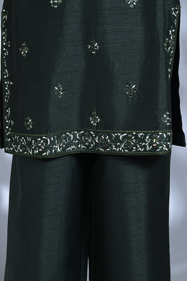 Dark Bottle Green Silk Mirror Embroidered Kurta Set by Bharat Reshma at Pernia's Pop Up Shop
