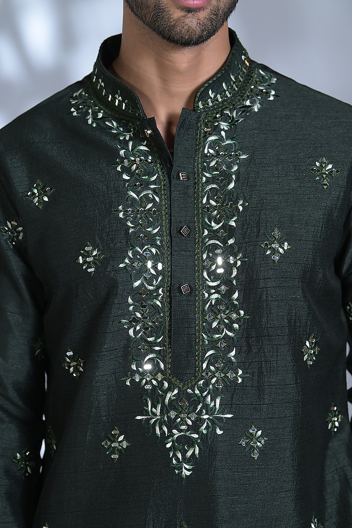 Dark Bottle Green Silk Mirror Embroidered Kurta Set by Bharat Reshma at Pernia's Pop Up Shop