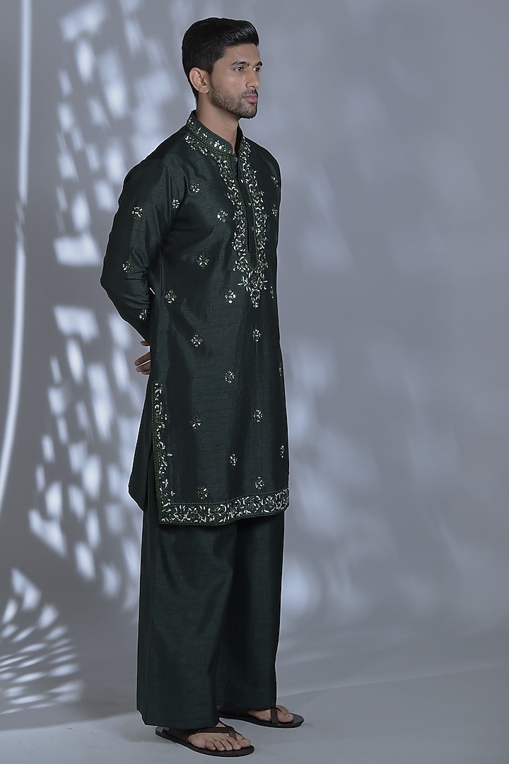 Dark Bottle Green Silk Mirror Embroidered Kurta Set by Bharat Reshma at Pernia's Pop Up Shop
