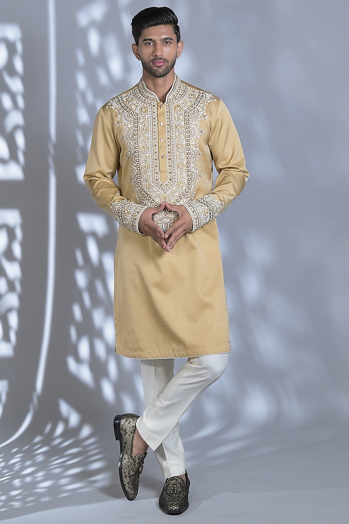 Straw Yellow Dupion Silk Resham & Thread Embroidered Kurta Set by Bharat Reshma