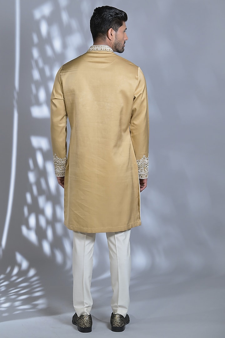 Straw Yellow Dupion Silk Resham & Thread Embroidered Kurta Set by Bharat Reshma at Pernia's Pop Up Shop