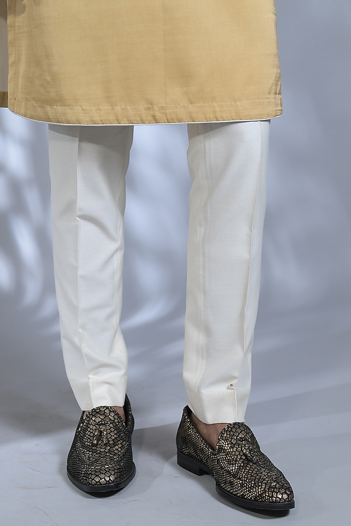 Straw Yellow Dupion Silk Resham & Thread Embroidered Kurta Set by Bharat Reshma at Pernia's Pop Up Shop