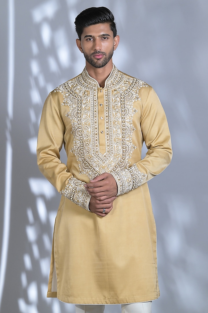 Straw Yellow Dupion Silk Resham & Thread Embroidered Kurta Set by Bharat Reshma at Pernia's Pop Up Shop