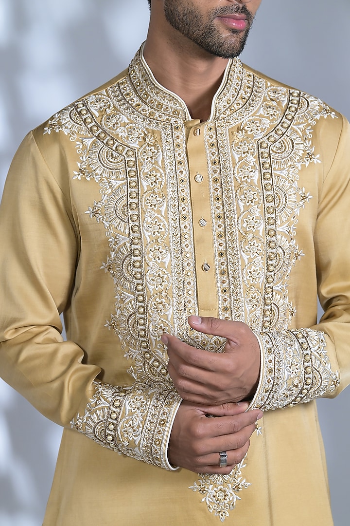 Straw Yellow Dupion Silk Resham & Thread Embroidered Kurta Set by Bharat Reshma at Pernia's Pop Up Shop
