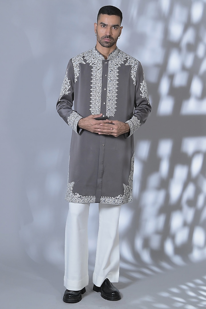 Gun Powder Grey Japanese Suiting Thread Embroidered Kurta Set by Bharat Reshma