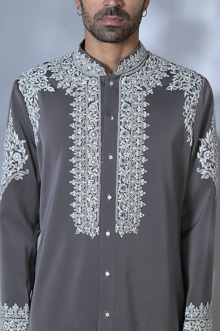 Gun Powder Grey Japanese Suiting Thread Embroidered Kurta Set by Bharat Reshma at Pernia's Pop Up Shop