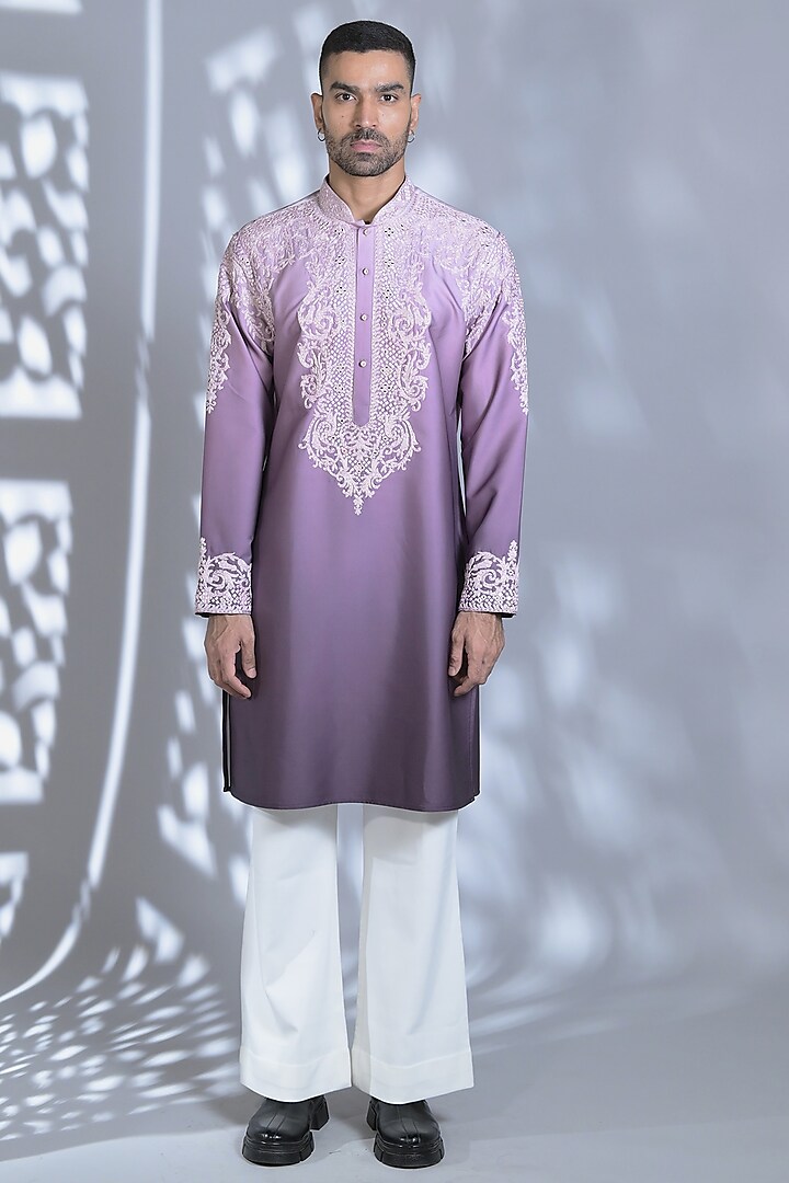 Mauve Crepe Thread & Mirror Embroidered Kurta Set by Bharat Reshma