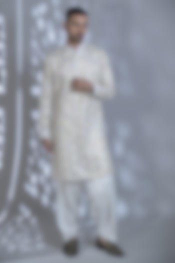 Ivory Silk Sequins Embroidered Kurta Set by Bharat Reshma at Pernia's Pop Up Shop