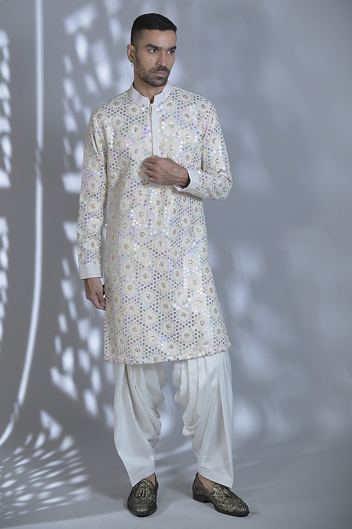 Ivory Silk Sequins Embroidered Kurta Set by Bharat Reshma at Pernia's Pop Up Shop