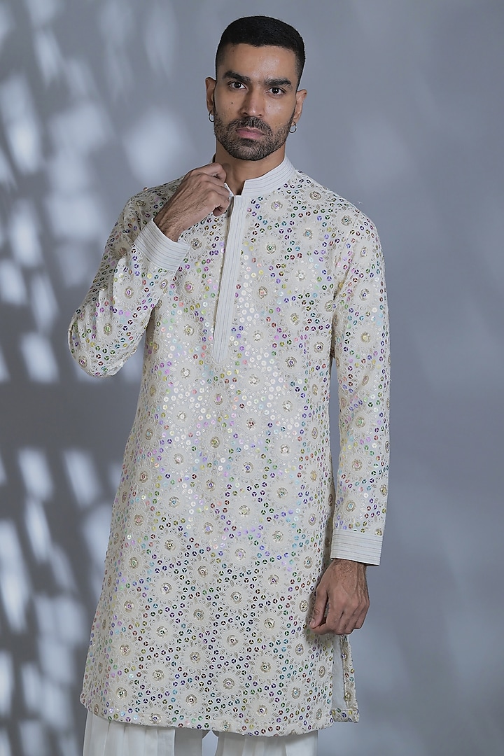 Ivory Silk Sequins Embroidered Kurta Set by Bharat Reshma at Pernia's Pop Up Shop