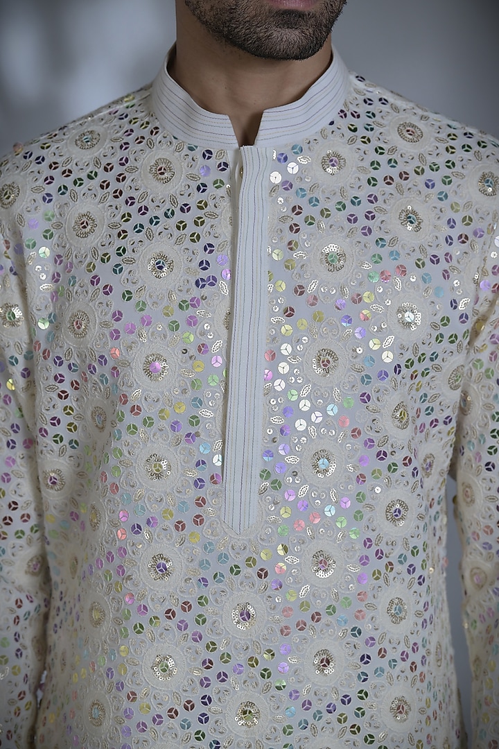 Ivory Silk Sequins Embroidered Kurta Set by Bharat Reshma at Pernia's Pop Up Shop