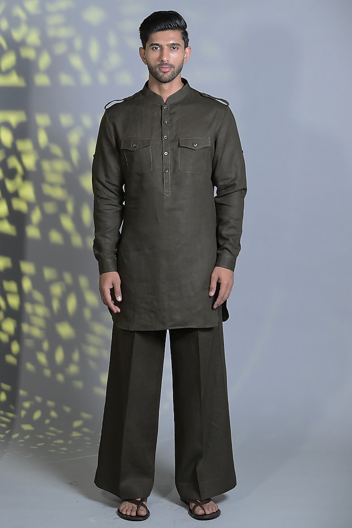 Olive Green Linen Thread Embroidered Kurta Set by Bharat Reshma