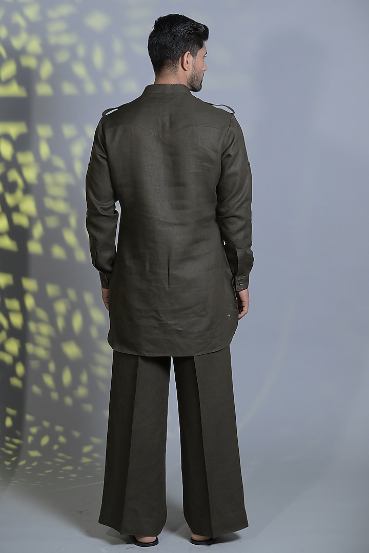 Olive Green Linen Thread Embroidered Kurta Set by Bharat Reshma at Pernia's Pop Up Shop