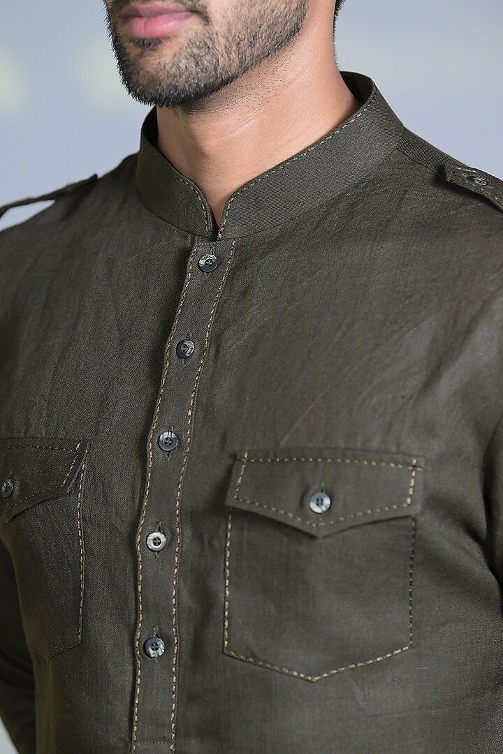 Olive Green Linen Thread Embroidered Kurta Set by Bharat Reshma at Pernia's Pop Up Shop