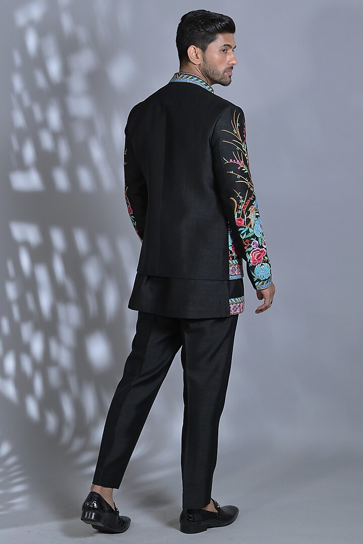 Charcoal Black Raw Silk Thread Embroidered Kurta Set by Bharat Reshma at Pernia's Pop Up Shop