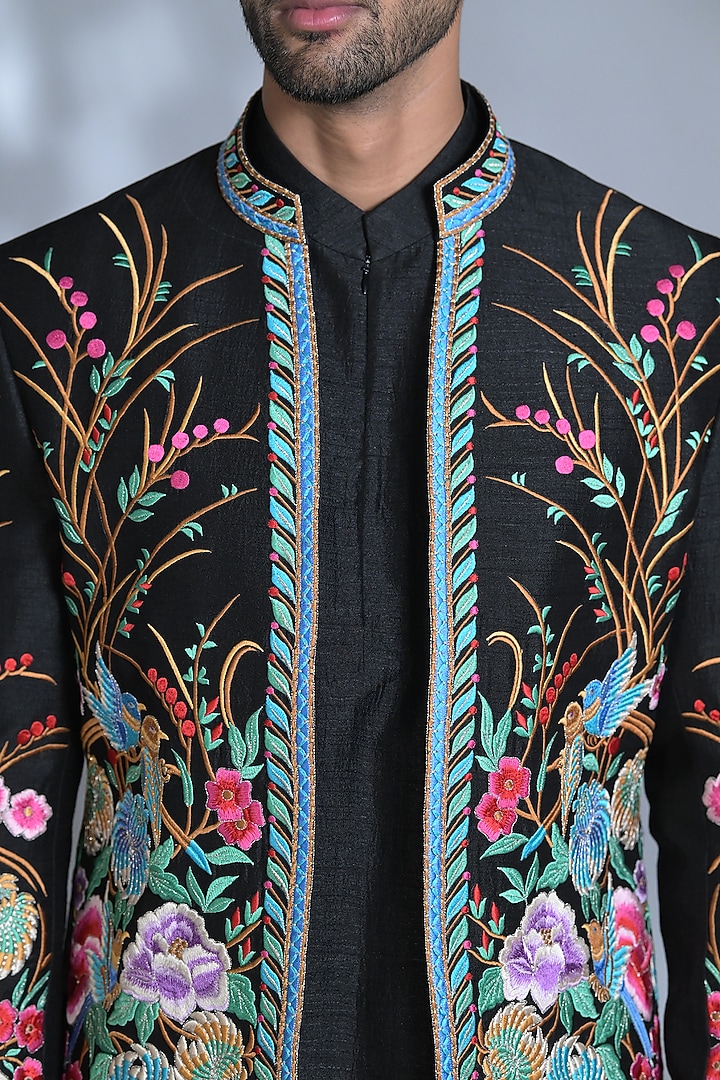 Charcoal Black Raw Silk Thread Embroidered Kurta Set by Bharat Reshma at Pernia's Pop Up Shop