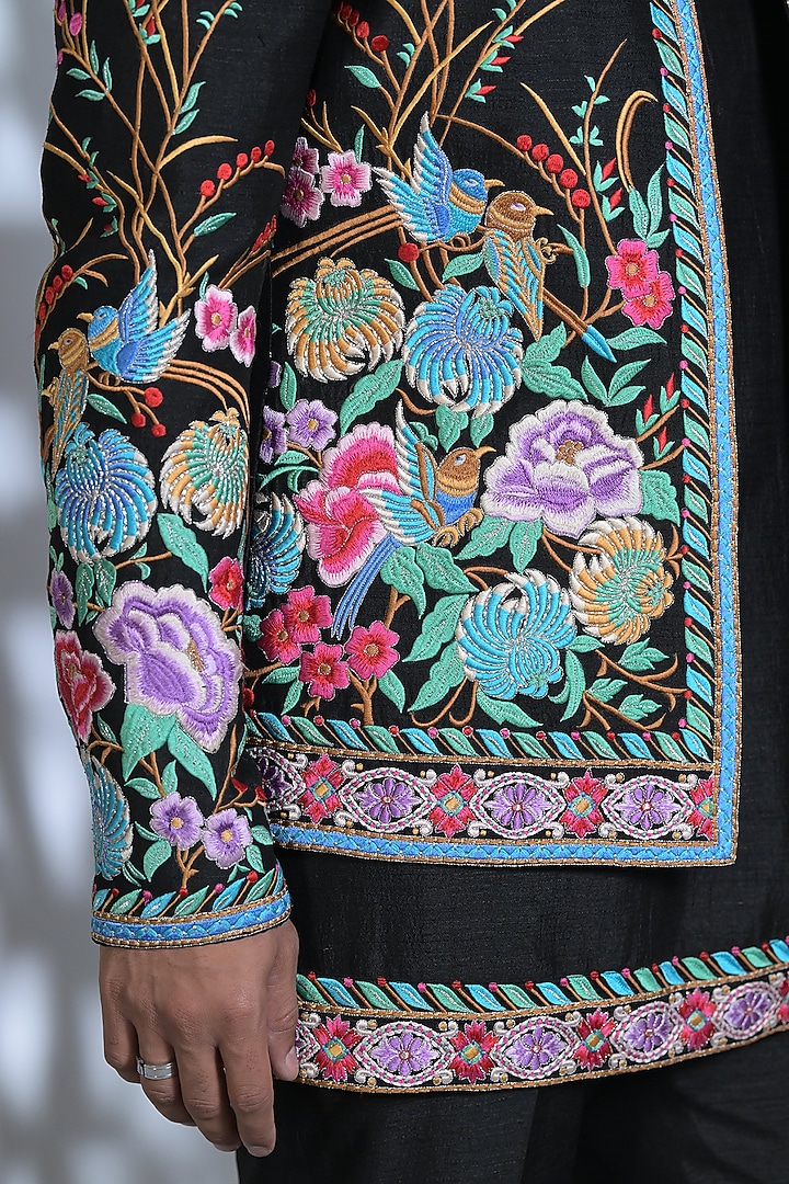 Charcoal Black Raw Silk Thread Embroidered Kurta Set by Bharat Reshma at Pernia's Pop Up Shop