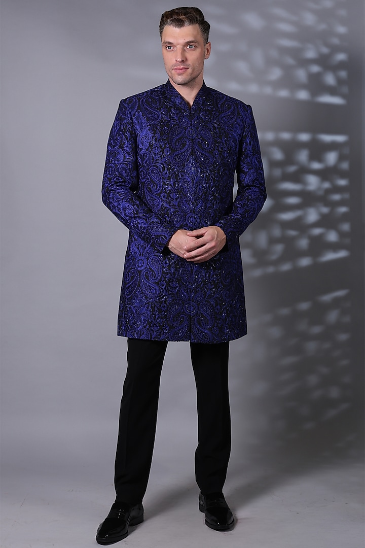 Midnight Blue Silk Blend Threadwork Indowestern Set by Bharat Reshma