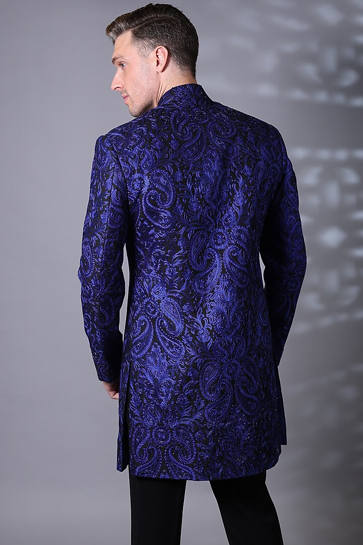 Midnight Blue Silk Blend Threadwork Wedding Indowestern Set by Bharat Reshma at Pernia's Pop Up Shop