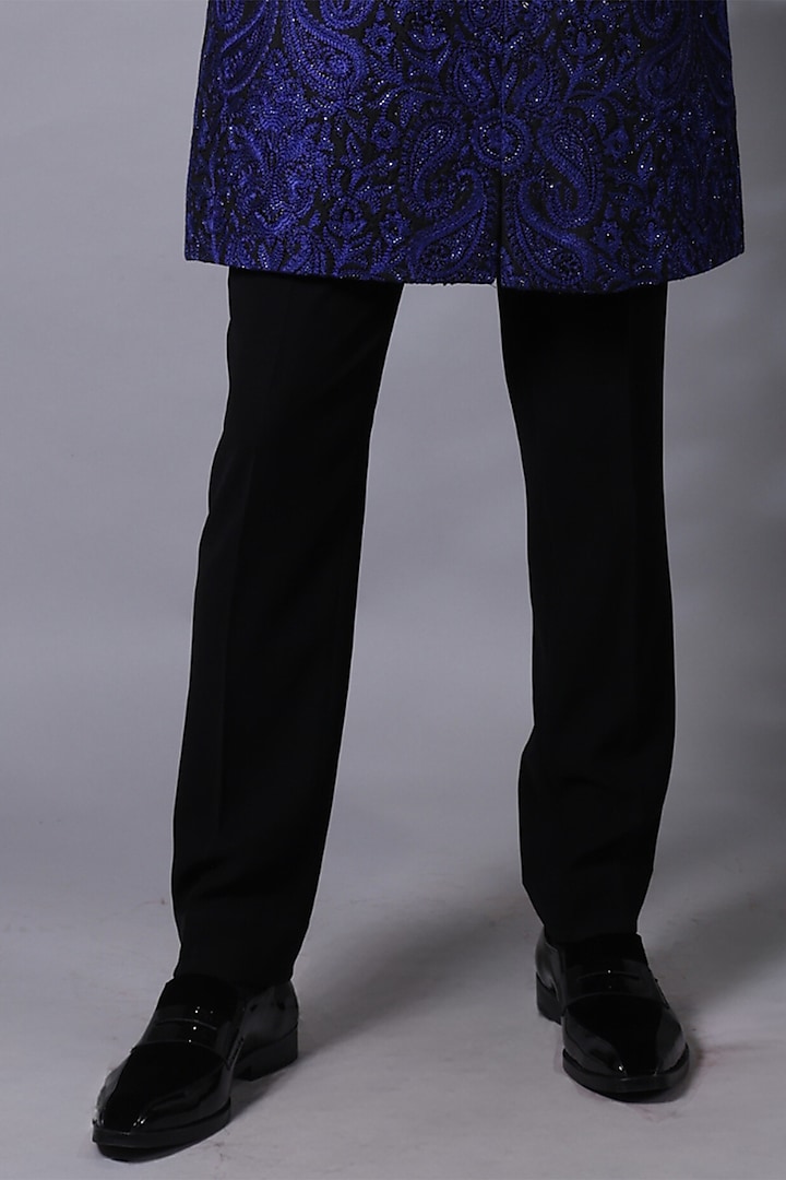 Midnight Blue Silk Blend Threadwork Wedding Indowestern Set by Bharat Reshma at Pernia's Pop Up Shop