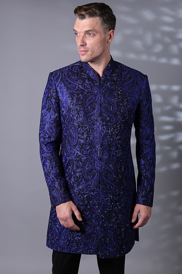 Midnight Blue Silk Blend Threadwork Wedding Indowestern Set by Bharat Reshma at Pernia's Pop Up Shop