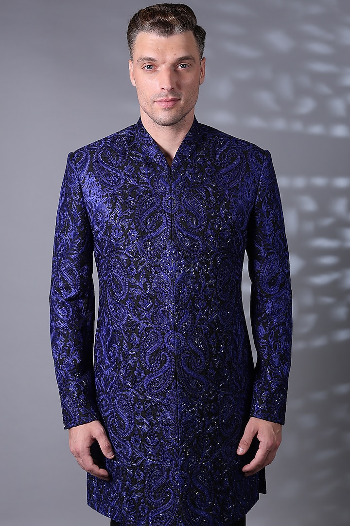 Midnight Blue Silk Blend Threadwork Wedding Indowestern Set by Bharat Reshma at Pernia's Pop Up Shop