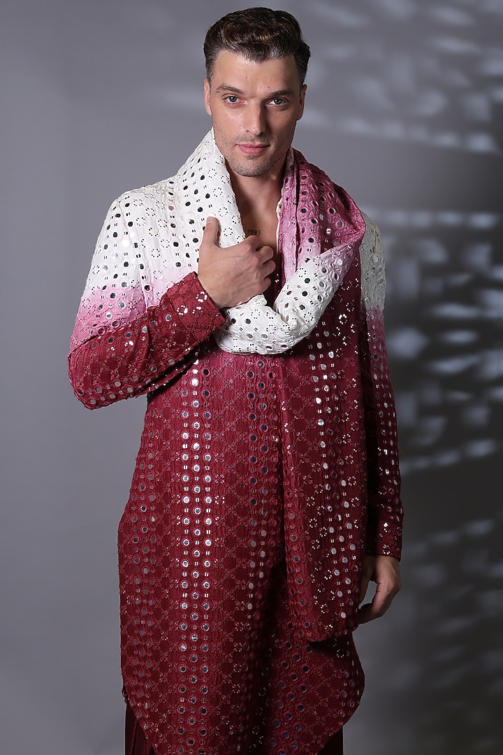 Maroon Ombre Cotton Silk Blend Mirror Work Kurta Set by Bharat Reshma at Pernia's Pop Up Shop