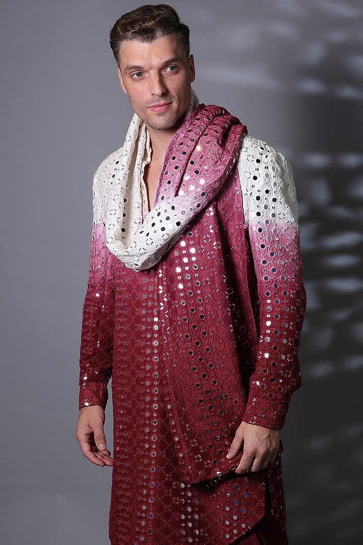 Maroon Ombre Cotton Silk Blend Mirror Work Kurta Set by Bharat Reshma at Pernia's Pop Up Shop