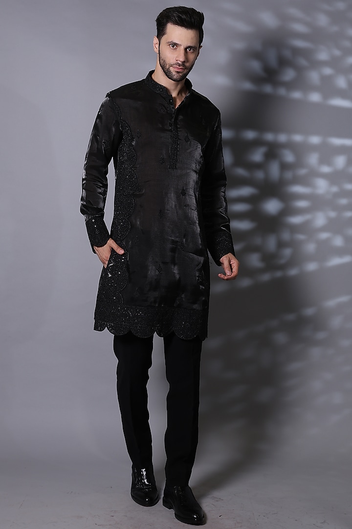 Charcoal Black Silk Blend Motifs Embroidered Kurta Set by Bharat Reshma