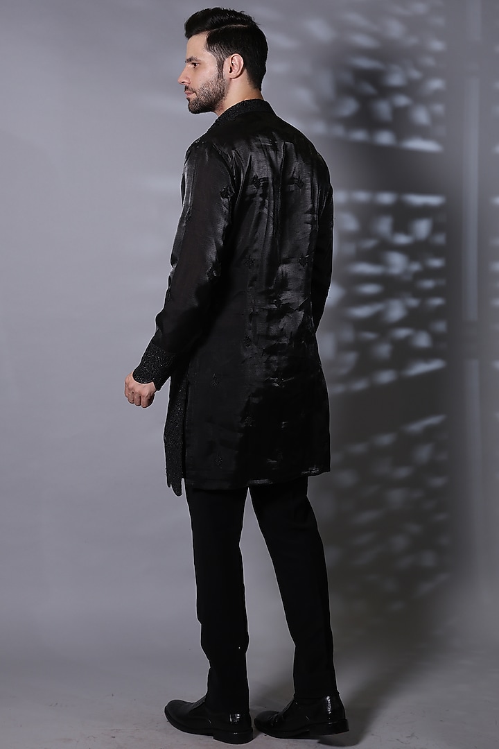 Charcoal Black Silk Blend Motifs Embroidered Kurta Set by Bharat Reshma at Pernia's Pop Up Shop