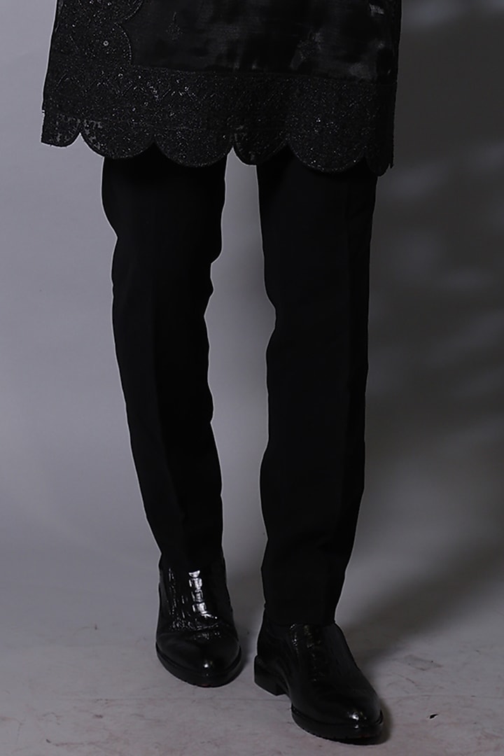 Charcoal Black Silk Blend Motifs Embroidered Kurta Set by Bharat Reshma at Pernia's Pop Up Shop