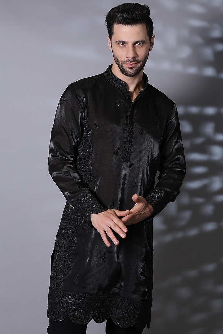 Charcoal Black Silk Blend Motifs Embroidered Kurta Set by Bharat Reshma at Pernia's Pop Up Shop