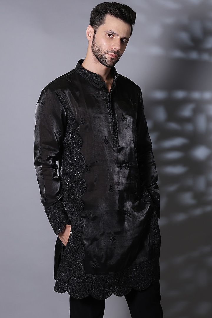 Charcoal Black Silk Blend Motifs Embroidered Kurta Set by Bharat Reshma at Pernia's Pop Up Shop