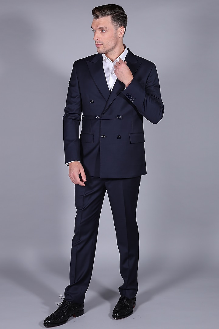 Navy Blue Donatella Suiting Fabric Blazer Set by Bharat Reshma at Pernia's Pop Up Shop