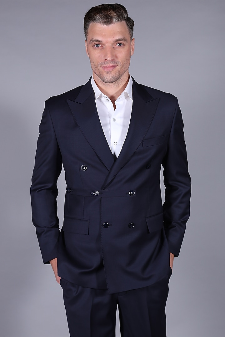 Navy Blue Donatella Suiting Fabric Blazer Set by Bharat Reshma at Pernia's Pop Up Shop