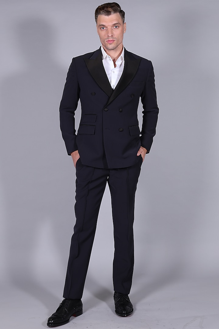 Navy Blue Suiting Fabric Double-Breasted Tuxedo Set by Bharat Reshma