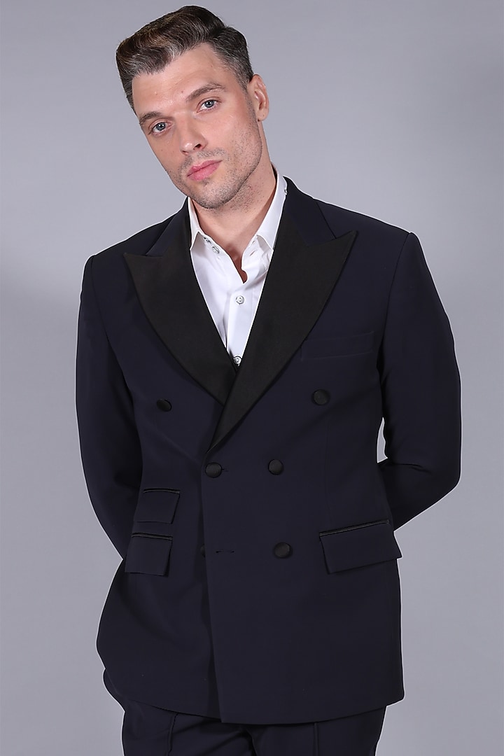 Navy Blue Suiting Fabric Double-Breasted Tuxedo Set by Bharat Reshma at Pernia's Pop Up Shop