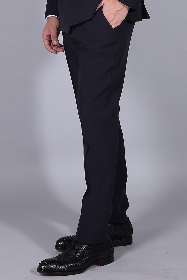 Navy Blue Suiting Fabric Double-Breasted Tuxedo Set by Bharat Reshma at Pernia's Pop Up Shop